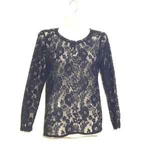 Zara Navy Blue Sexy Floral Lace Long Sleeve See-through Shirt size Small